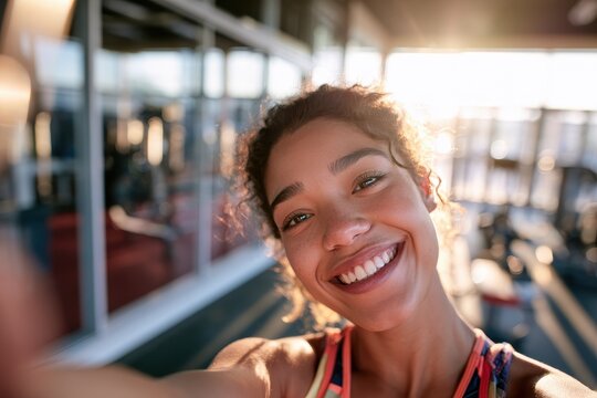Selfie of a fit woman in colorful athletic wear promoting healthy lifestyle and training