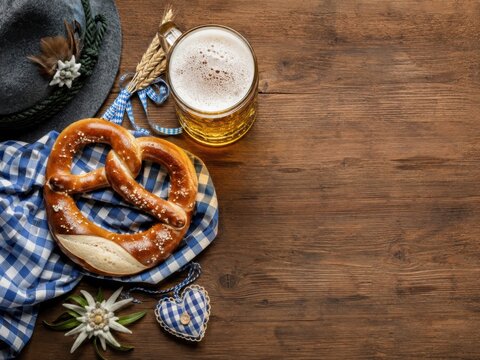 Brezel und Bier als bayerisches Volksfest-Flatlay &ndash; Ma&szlig;krug, Trachtenhut, Edelwei&szlig; und blau-wei&szlig;es Tuch liegen auf Holz mit gro&szlig;z&uuml;gigem Textfreiraum f&uuml;r kreative Werbung.