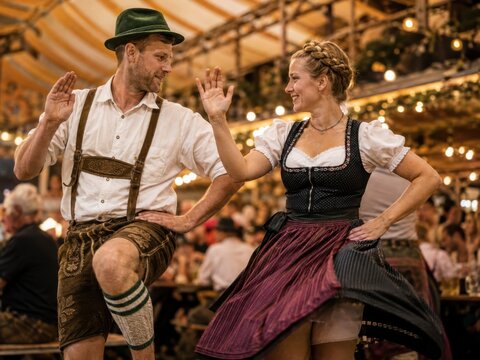 Paar in Tracht tanzt ausgelassen im Festzelt &ndash; Mann in Lederhose und Frau im Dirndl zeigen traditionellen Volkstanz, Lebensfreude und lebendige bayerische Kultur.