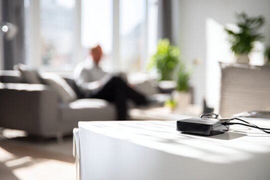 Selective focus on a black wired router on a white desk with a businessman relaxing on a sofa in a modern home office scene