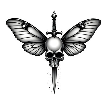 gothic skull with butterfly wings and dagger tattoo design