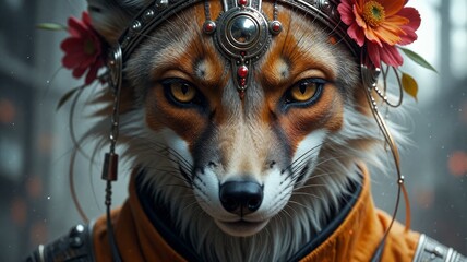 Fototapeta premium Futuristic Anthro Fox with Intricate Ornate Headpiece and Floral Accents