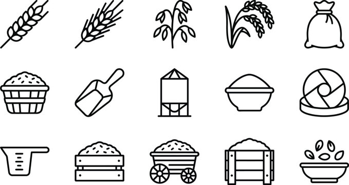 Set of Simple Line Icons Representing Agricultural Grn Farming Products