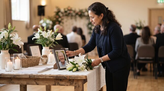 Woman arranging memorial tribute with framed photo of deceased man and white lilies at a funeral service