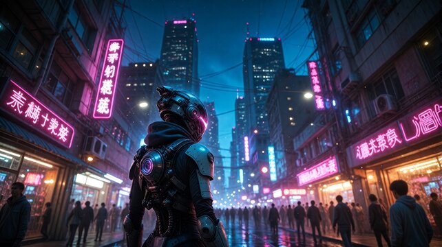 Futuristic Cyberpunk Cyborg in Neon City Street