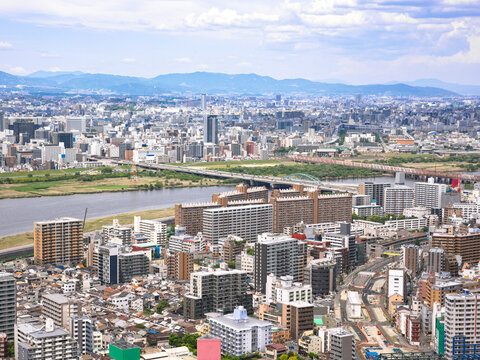 City Skyline of Osaka Showing Buildings and River