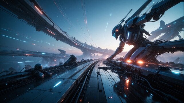 Futuristic Cyborg Kneeling on Cybernetic Platform at Sunset