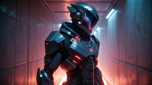 Futuristic Cyborg Soldier in Cyberpunk Corridor