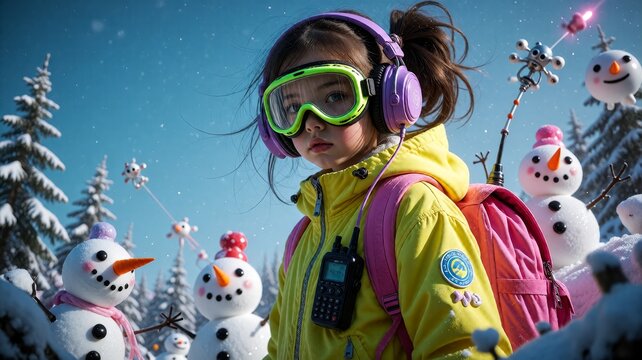 Futuristic Girl Exploring Winter Landscape with Snowmen