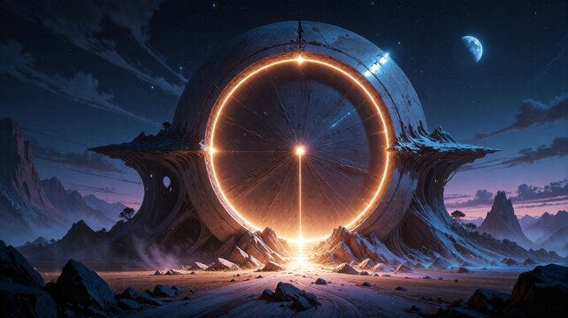 Futuristic Glowing Circular Gateway in alien Landscape