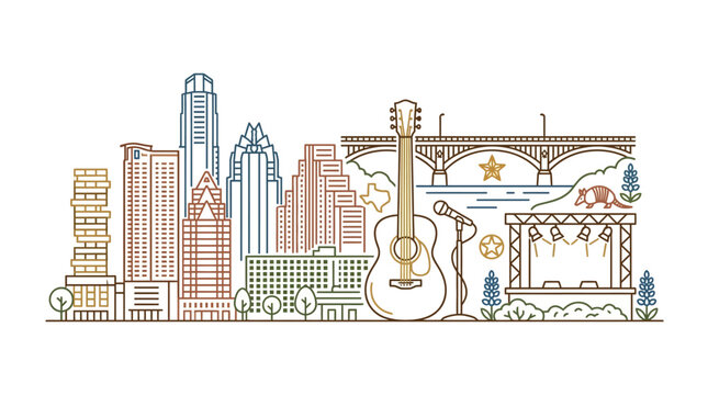 Minimalist line art illustration of the Austin Texas city skyline with iconic musical and state symbols.