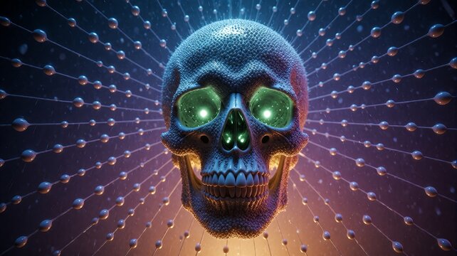 Futuristic Glowing Sci-Fi Skull with Digital Network Node Radiance