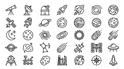 Astronomy icons collection displays various black line art symbols including planets, stars, rockets, and celestial bodies arranged on a clean white background for modern design projects. © fina