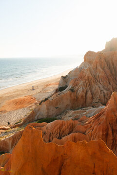 View of Cliffs and Beach With Ocean in Background at Sunset.  Portugal