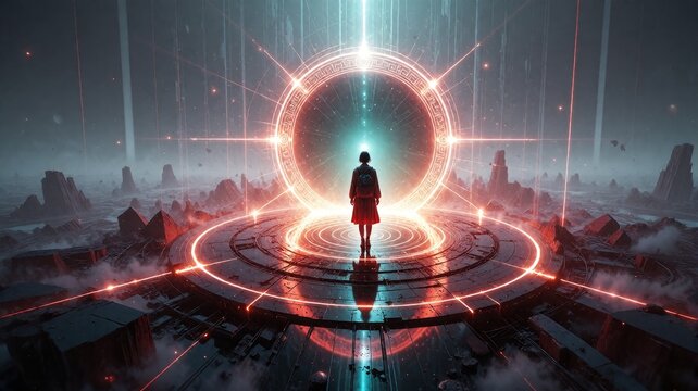 Futuristic Portal with Human Silhouette in Surreal Landscape