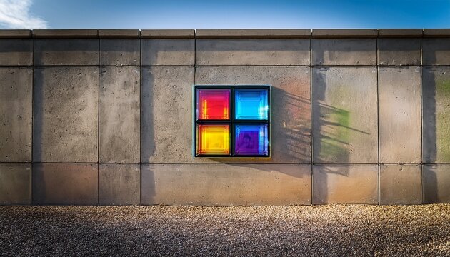 concrete wall houses a square glass block window with colored panels that reflect light into the stark exterior