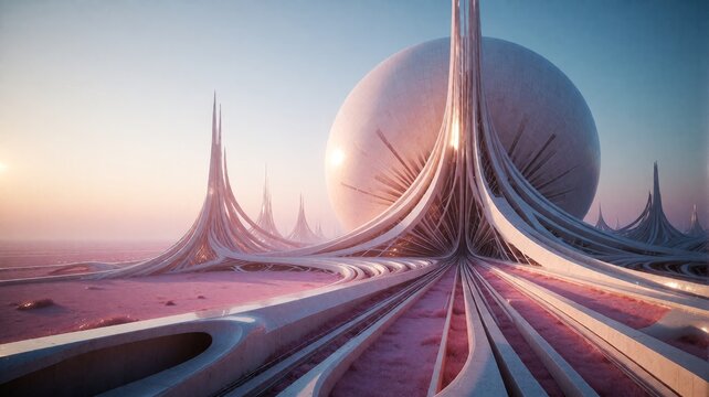 Futuristic Sci-Fi Architecture on Alien Pink Landscape