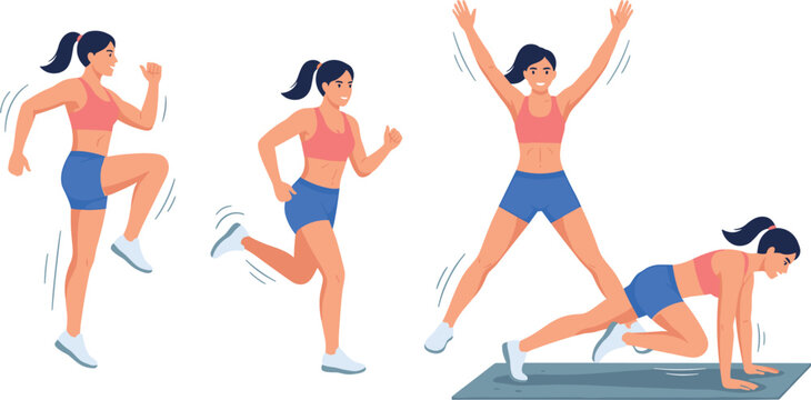 Woman Doing Cardio Exercise Pose Set with High Knees, Butt Kicks, Jumping Jacks, and Mountain Climbers for Fitness Mobile Application Designs