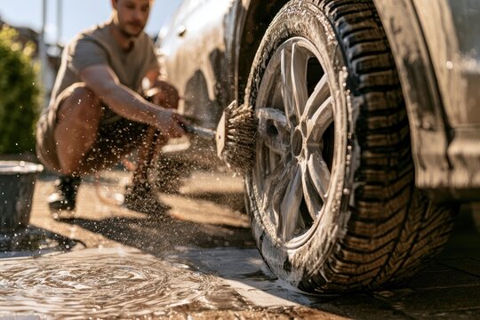Man washing car tyres in a sunlit driveway with soap bubbles and a scrubbing brush