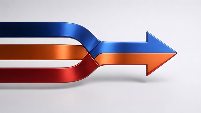 Three colorful metallic arrows merging into one single arrow pointing forward, symbolizing corporate merger, teamwork, and unified business strategy