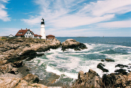 Scenic view of Portland Head Light lighthouse on the coast of Maine