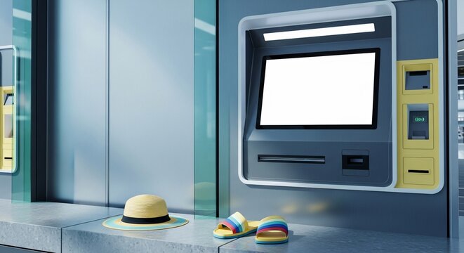 Empty ATM screen in a modern lobby with a straw hat and flip flops