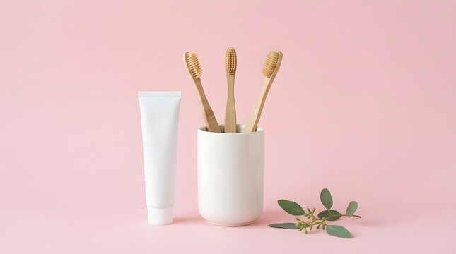 Eco friendly bamboo toothbrushes in a white holder with toothpaste tube on a soft pink background
