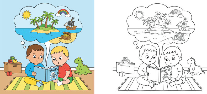 Kids reading pirate book coloring page for children with colored example vector illustration boys dreaming tropical island adventure activity worksheet
