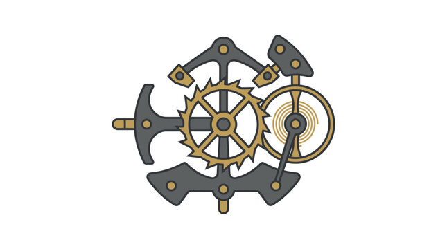 Flat vector illustration of a mechanical clockwork mechanism with gears, cogs, and a hairspring escapement isolated on a plain white background.