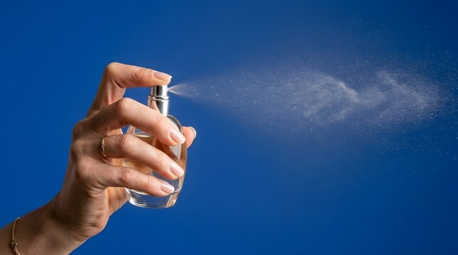 Close up of a woman hand spraying perfume or fragrance mist against a solid blue background