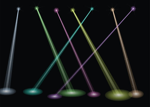 Abstract colorful light beams and glowing floor spots arranged in a pattern on black background isolated on transparent background, Vector
