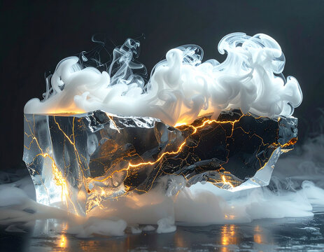 Abstract metaphor of business innovation and breakthrough power with dark crystal and gold light