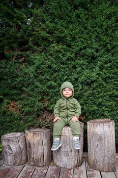 Child Sitting on Wooden Stumps Near Green Bushes in a Backyard