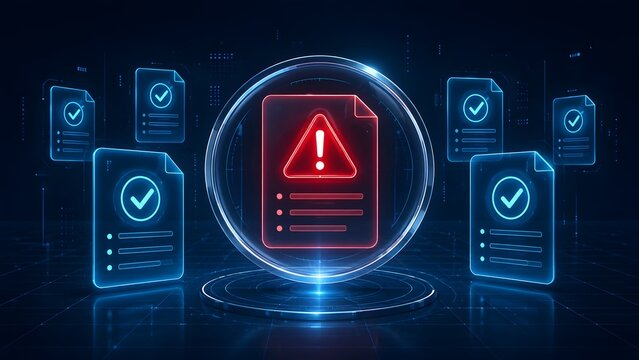 Glowing red warning document among blue approved files, representing data error detection, cybersecurity threat, and digital risk management