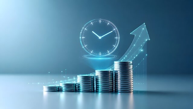 Growing stacks of coins with a glowing digital clock and upward arrow, symbolizing long-term financial growth, compound interest, and profitable investments