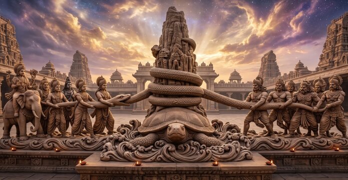 Monumental Hindu Temple Sculpture with Mount Mandara