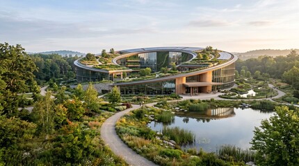 Fototapeta premium Modern Sustainable Corporate Headquarters with Green Landscape and Energy Efficient Architecture