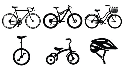 Collection of black bicycle silhouettes including mountain bike, road bike, cruiser, tricycle, unicycle and a helmet on white © rina