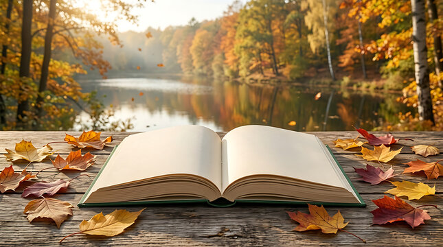Open book surrounded by fallen autumn leaves