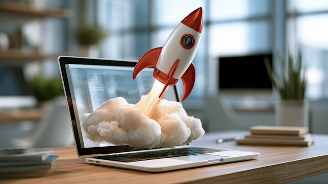 Rocket takes off from laptop in modern office space during daytime