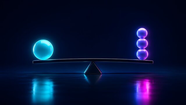 One glowing blue sphere balancing against three purple spheres on a seesaw, symbolizing quality over quantity, leverage, and unique business value