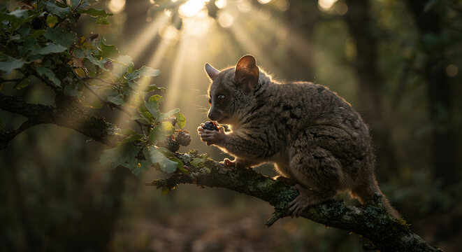A small galago or bushbaby eating a blackberry on a tree branch in a sunlit forest
