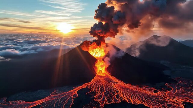 Active volcano erupting with glowing lava flows and thick ash clouds at sunset. Dramatic landscape with molten magma streaming down the mountain slope. Concept of geology, natural disaster, earth