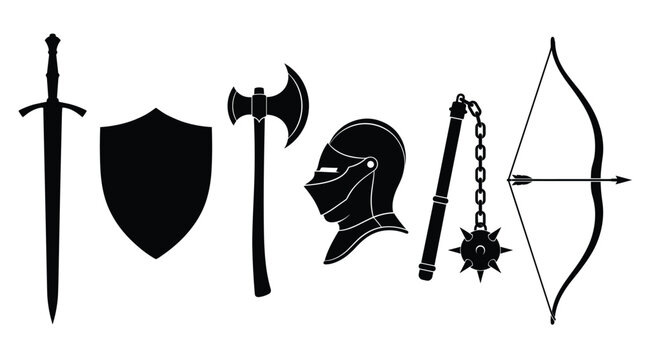 Medieval weaponry and armor black silhouettes featuring a sword, shield, battle axe, helmet, flail, and bow with arrow