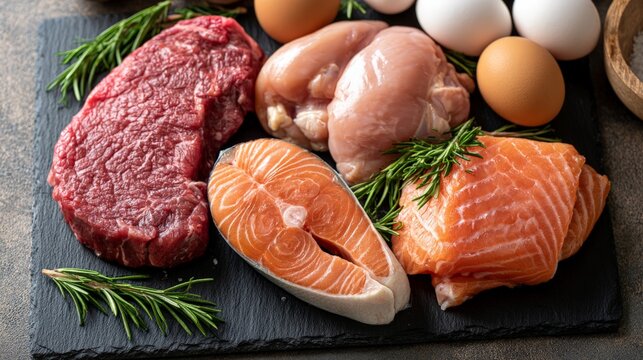 Different types of meat and eggs arranged on a dark surface with some herbs beside them