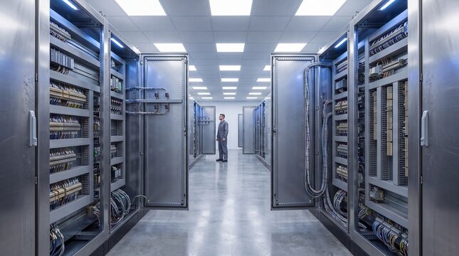Wide interior of a modern industrial control room lined with open automation cabinets and dense terminal wiring