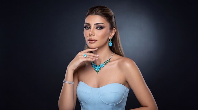 Elegant Middle Eastern woman wearing luxury turquoise and emerald gemstone jewelry set posing in light blue corset dress against dark studio background