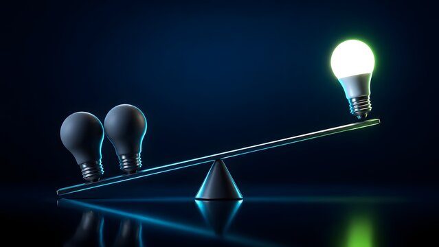 Bright glowing lightbulb outweighing two dark bulbs on a balancing scale, representing powerful ideas, innovation, and creative success