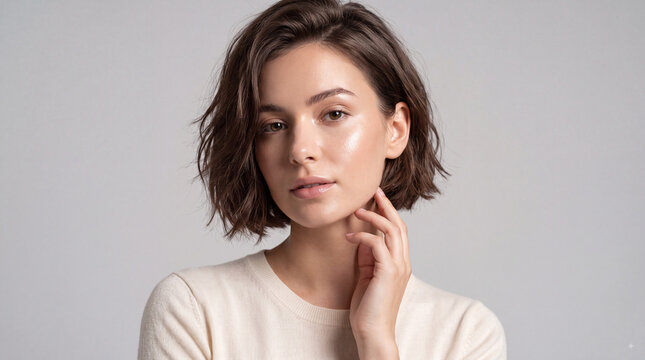 Portrait of a beautiful young woman with short wavy hair and glowing skin looking at camera