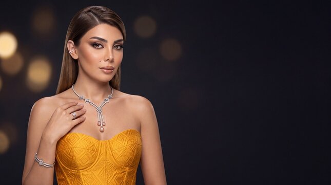 Chic brunette model wearing luxury geometric diamond and pink pearl necklace set with ear cuff posing in yellow textured corset dress